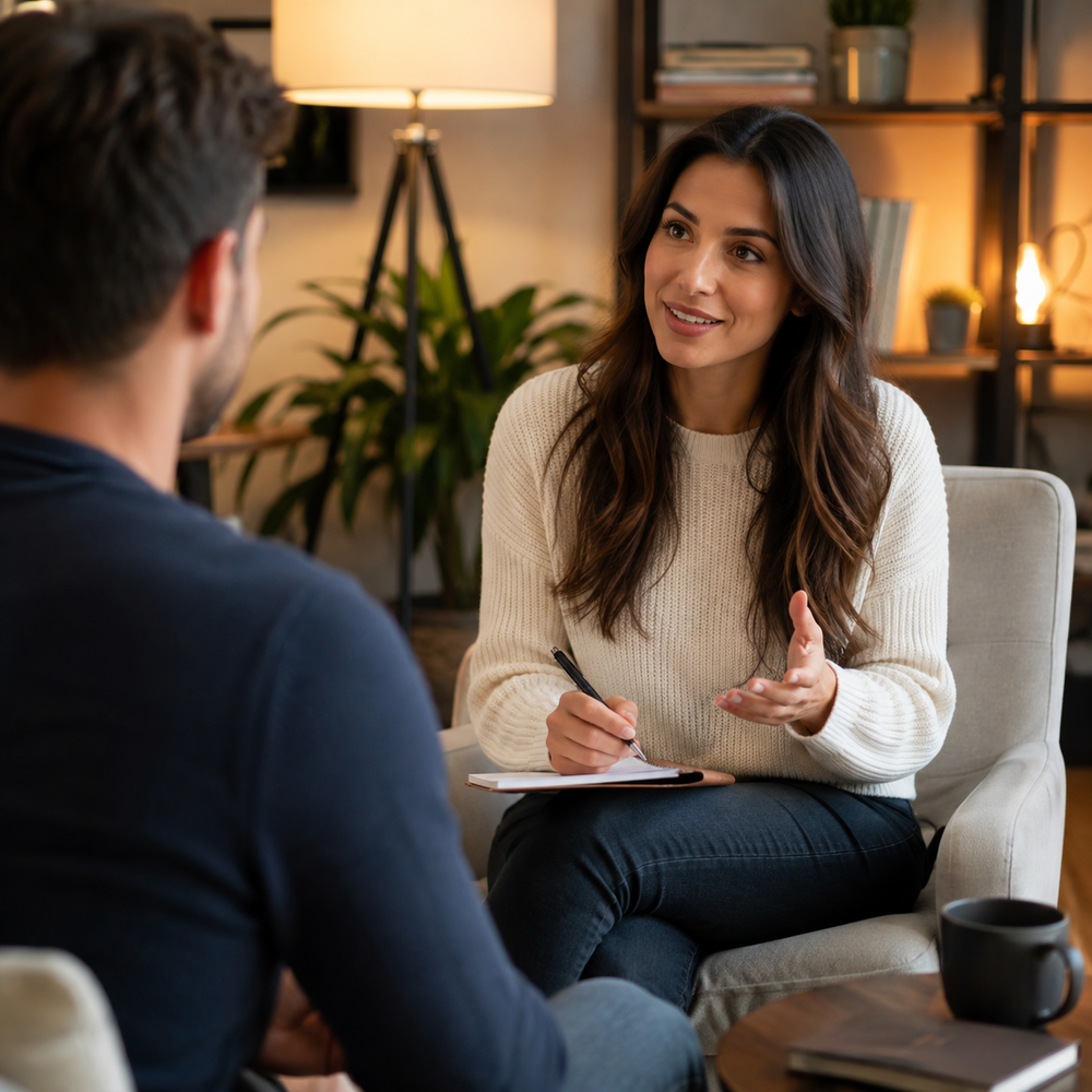 One-on-one dating coaching conversation in a warm modern setting